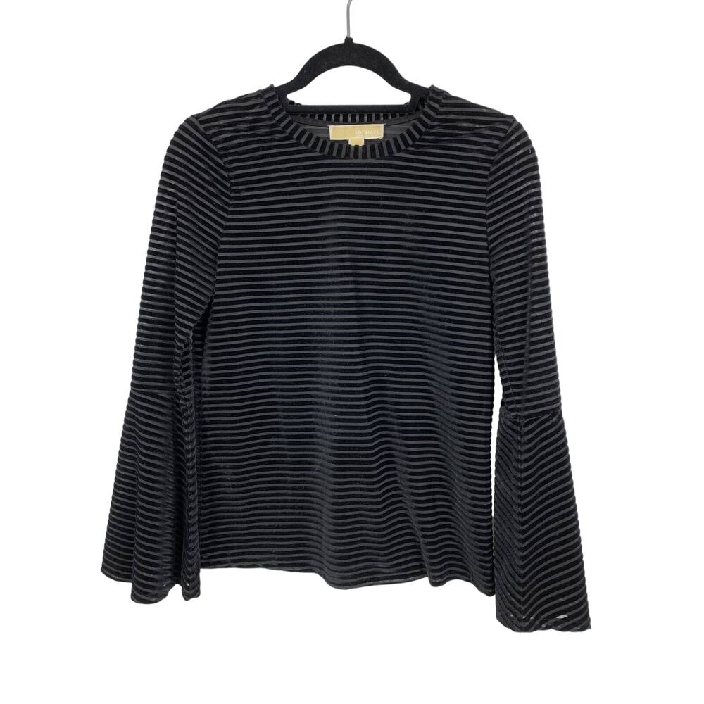 Michael Kors Top Size XS Bell Sleeve Velvet Striped Long Sleeve Blouse Black